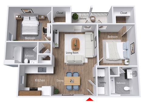 A floor plan of an apartment layout with labeled rooms.